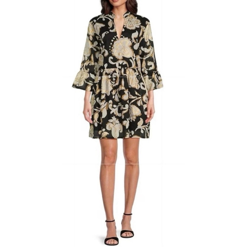 Jude Connally S Faith Dress Black Gold Metallic Floral 100% Cotton $198 Pockets